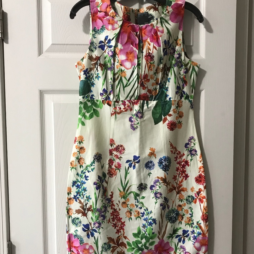 Cream and floral sheath dress with pleated bust